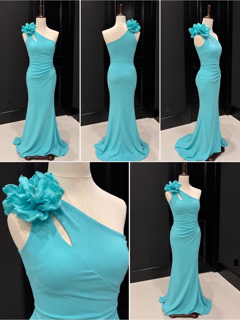 One-Shoulder Turquoise Evening Gown with Floral Shoulder Accent
